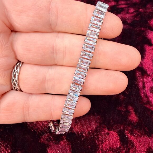 Slider Tennis Bracelet Sterling Overlay Made with Swarovski Baguette Crystals - Picture 14 of 16